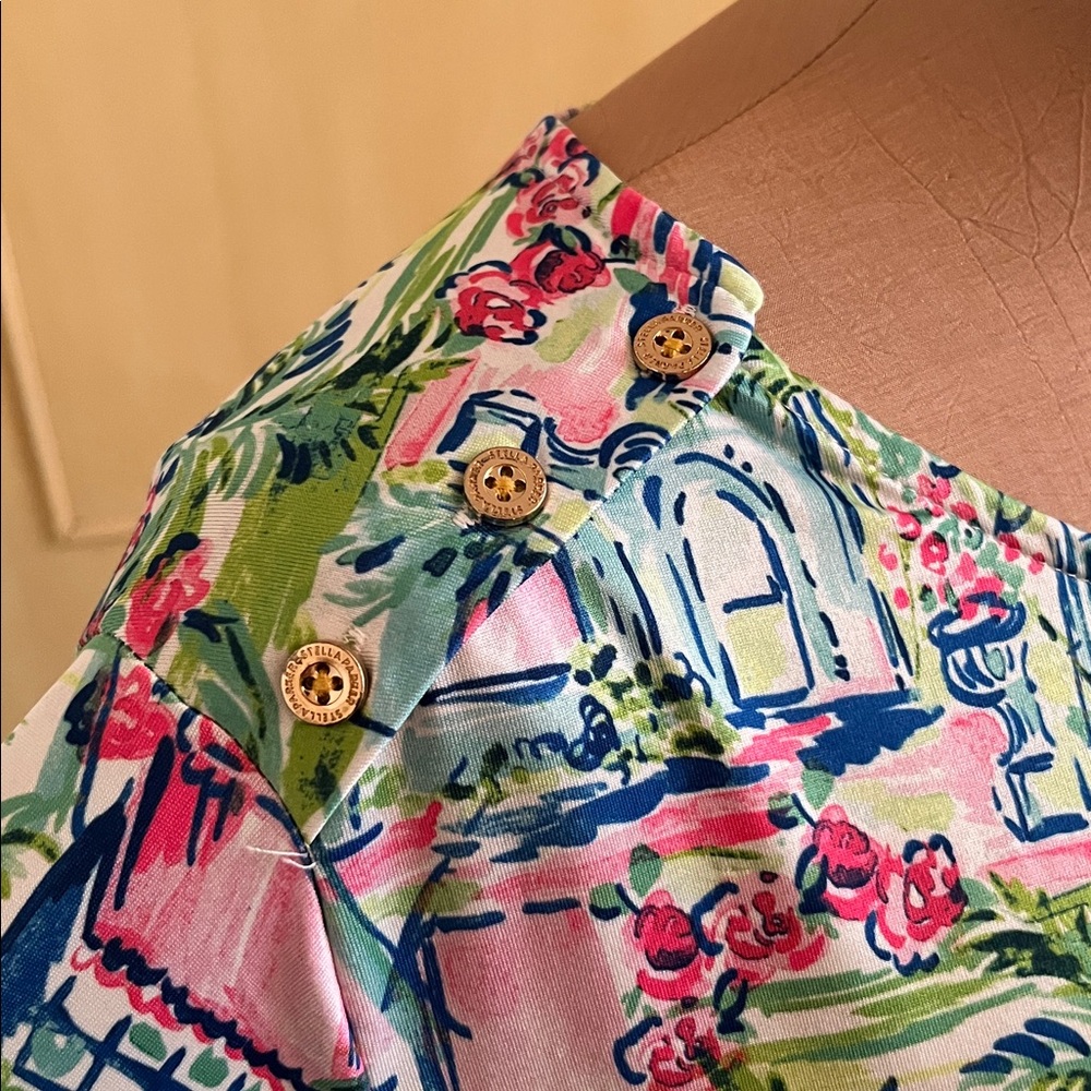 STELLA PARKER Cruise Summer Party Gold Buttons Stretch Tropical Print Sheath 3X - Picture 2 of 16